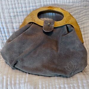 🌿 Vintage Suede Purse with Carved Wooden Handle 🌿